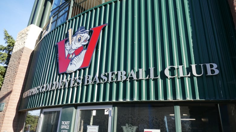 Exterior view of a building that says Winnipeg Goldeyes Baseball Club