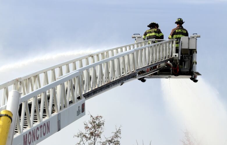 Two firefighters on the top of an extended white ladder with water spraying out of houses. The ladder says 