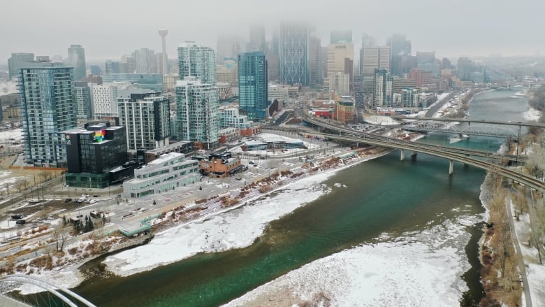 Shots from drone of the Bow River in downtown Calgary in December 2020