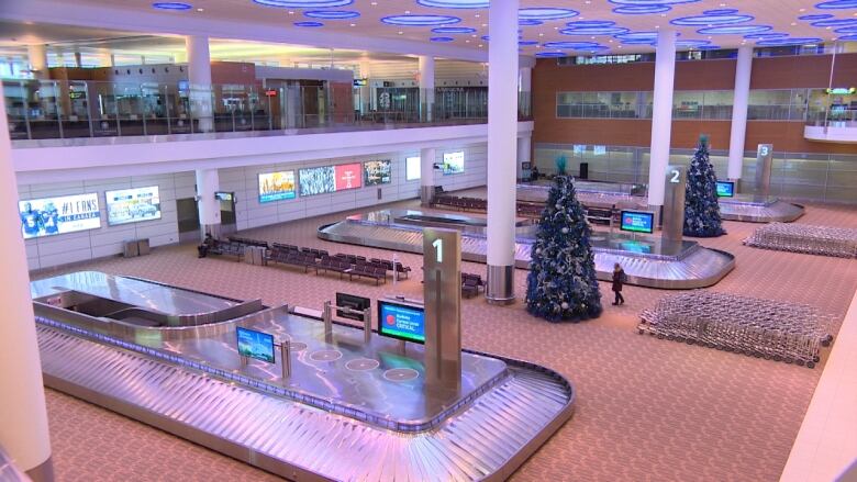 Baggage carousels with only person in the arrival area.