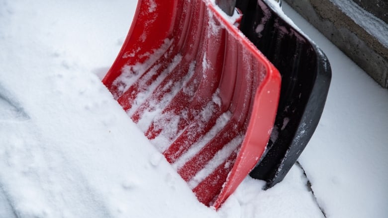 A closeup of a red and black shovel in the snow. 