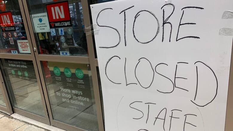 the front of a business and a sign that reads 'store closed staff only'