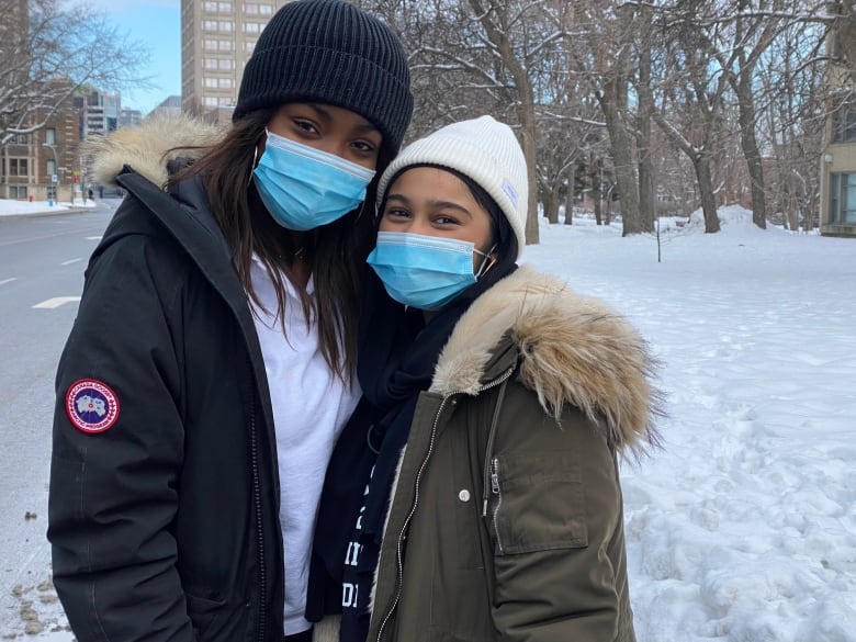 Kenya Yeboah-Whye, 15, left, and Saima Mazumde, 15, both say it's an inspiration to see an alumna from their school, Westmount High School, become the vice-president of  the U.S.