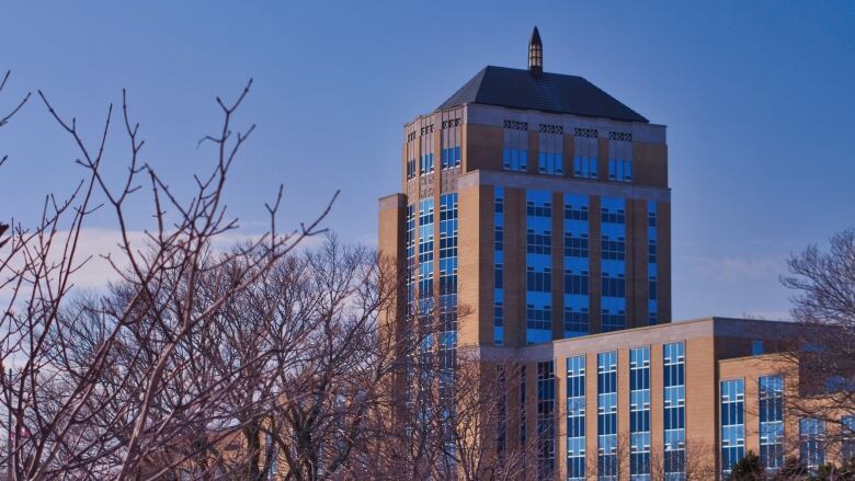 A building in the background with some bare tree branches in the foreground.