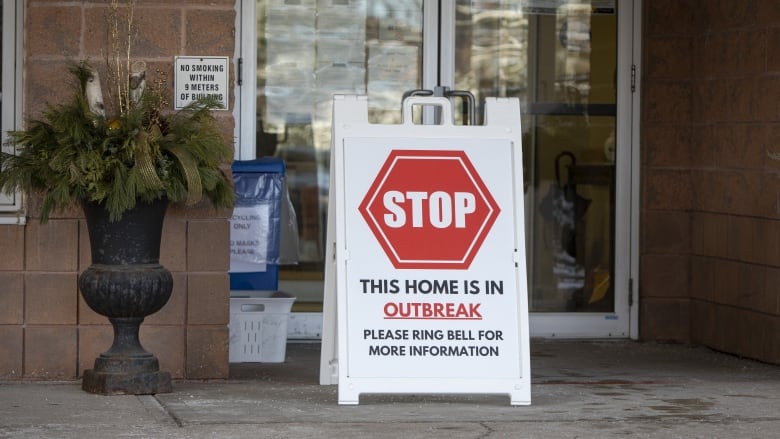 A stop sign outside a long-term care home in Barrie, Ont.