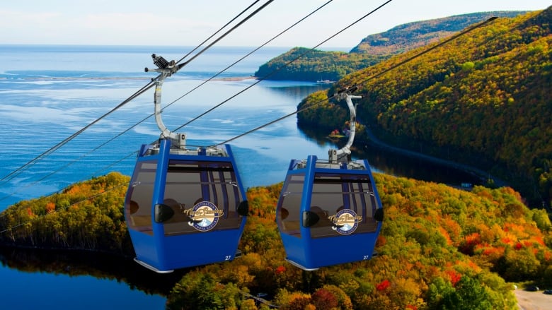 Two blue gondola cars suspended on cable above a forest in autumn colours with a blue ocean in the background.