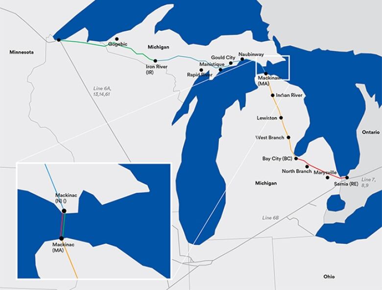 A map showing Line 5's route through the U.S. and into Ontario