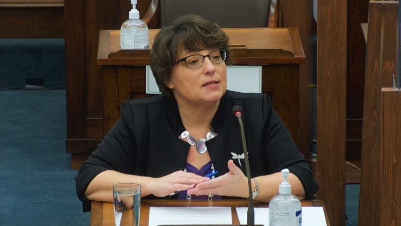 A woman with short brown hair and glasses sits inside the Prince Edward Island legislature. 