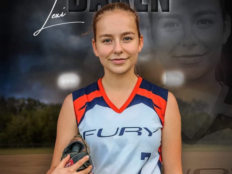 A player card of a softball player in uniform with her hair tied back.