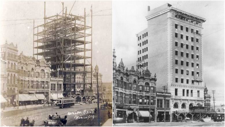 Black and white photos show a building under construction in Winnipeg's early days.