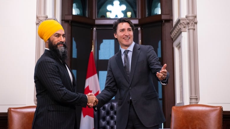 NDP leader Jagmeet Singh meets with Prime Minister Justin Trudeau on Parliament Hill in Ottawa on Thursday, Nov. 14, 2019.