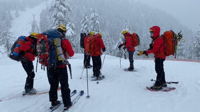 North Shore Rescue volunteers wearing skis and snowshoes stand on a snowy slope.