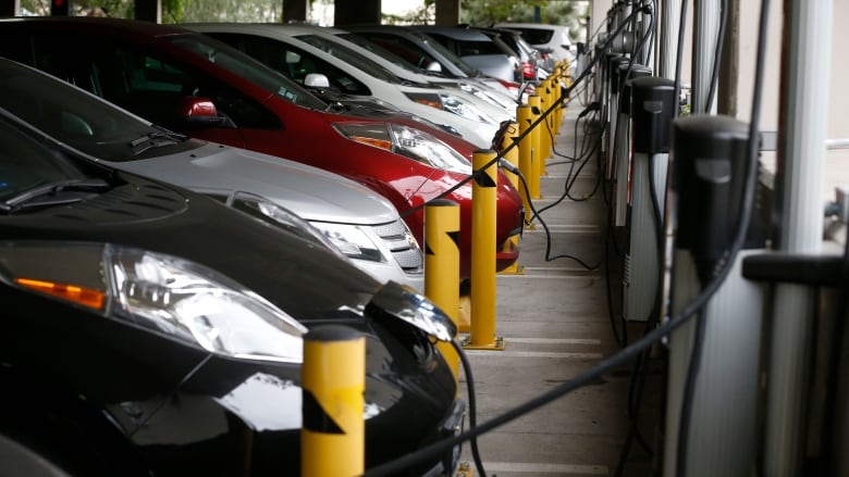 A line of electric cars, at charging stations.