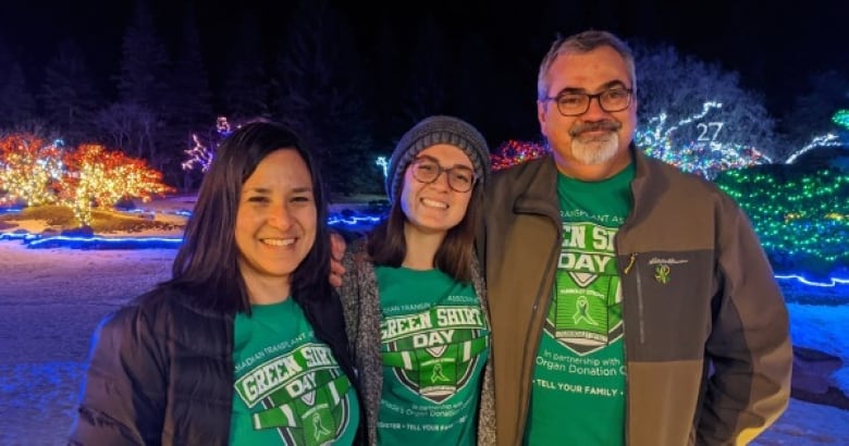 Bernadine Boulet (left), her daughter Mariko and husband Toby wear t-shirts in honor of Green Shirt Day. Humboldt Broncos player Logan Boulet, #27, was declared brain dead at 11:45 a.m. MT on April 7, 2018. His donation of organs and tissues helped six people and spurred a wave of organ donation registrations across Canada, dubbed the #LoganBouletEffect. 