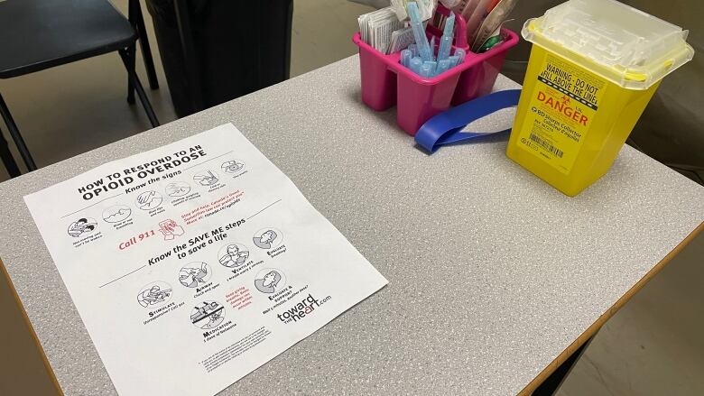 A sheet of paper with the title 'How to avoid an overdose' is placed on a desk, along with a small bin and some medical supplies.