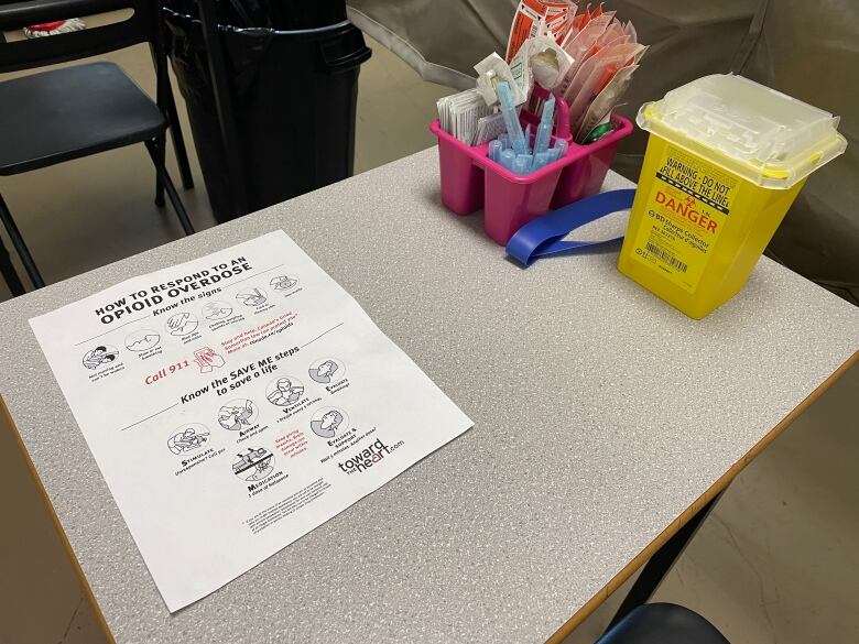 A sheet of paper with the title 'How to avoid an overdose' is placed on a desk, along with a small bin and some medical supplies.