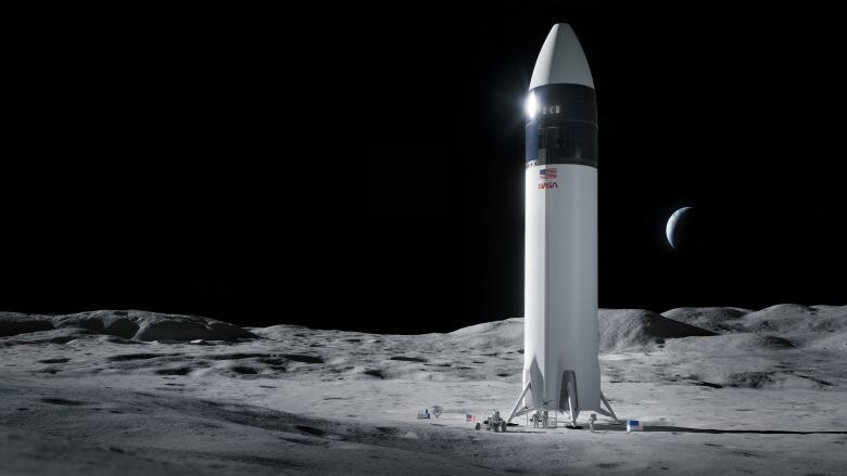 An illustration shows a black and white rocket upright on the surface of the moon.