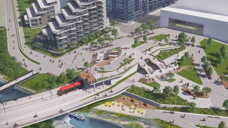 An artist's conception of the future Green Line LRT station at Eau Claire shows an aerial view of a red train pulling out of an underground station with a treed park above and heading toward the Bow River.