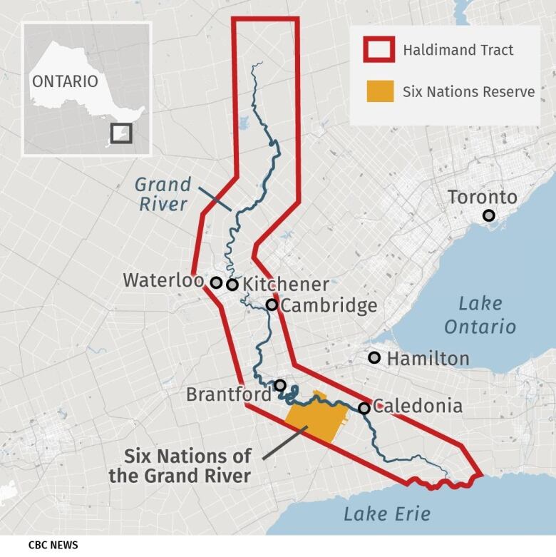 A map shows the Grand River and a red line around it signifying the Haldimand Tract.