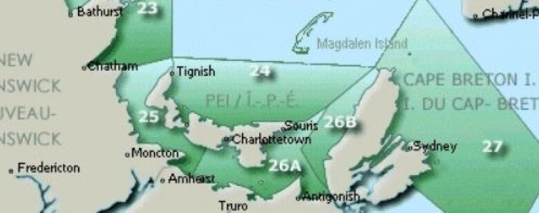 This map shows the locations of Lobster Fishing Area 24, covering the North Shore of Prince Edward Island, and Lobster Fishing Area 26A, stretching from Souris in the northeast to Victoria in south-central P.E.I.