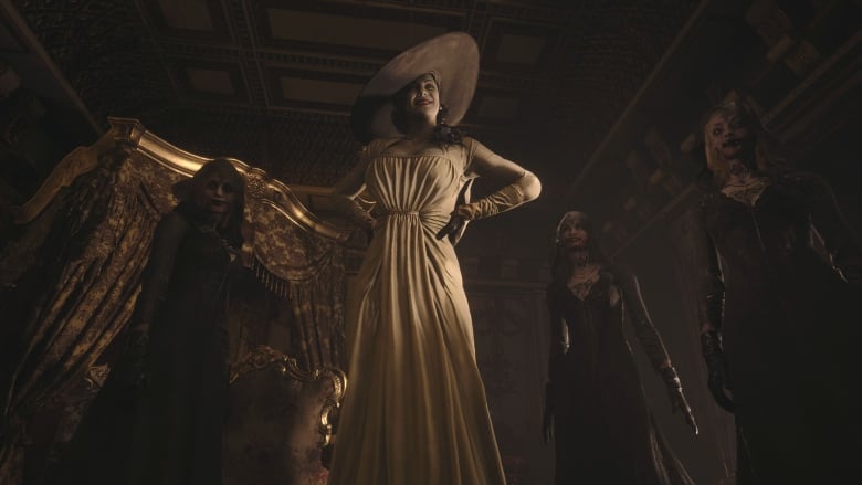 Digital video game screenshot of a tall woman wearing a white dress along with three young women wearing dark black robes.