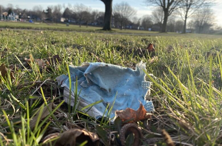 A tattered medical mask lying in grass.