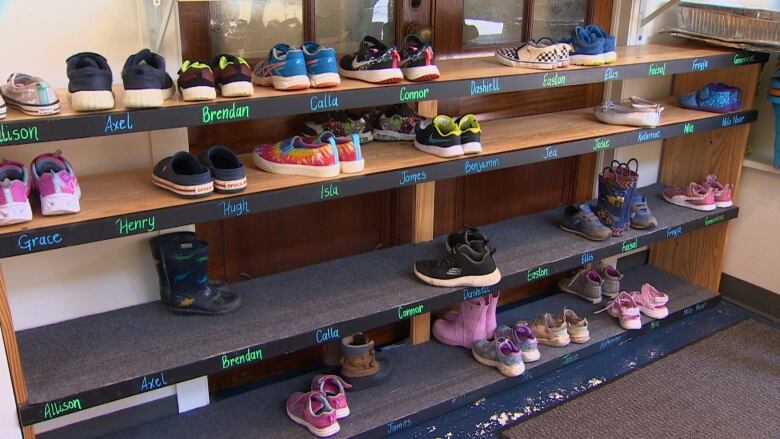 Shelves with little kids' shoes