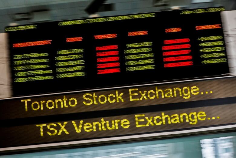 A sign board displaying Toronto Stock Exchange (TSX) stock information is seen in Toronto.