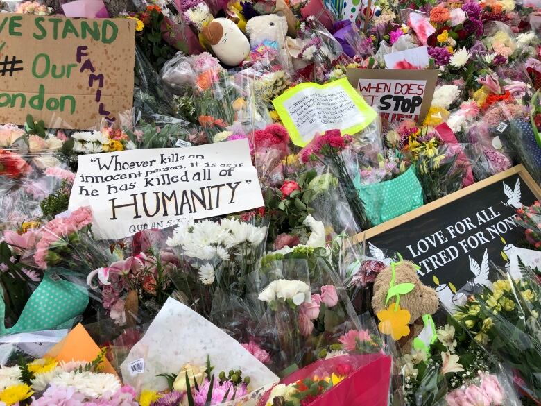 A memorial at the scene of the accident, at the intersection of Hyde Park Rd. and South Carriage Rd after a family of four was hit and killed in an attack. 