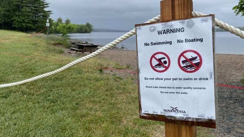 A sign at a beach warns against swimming and boating.