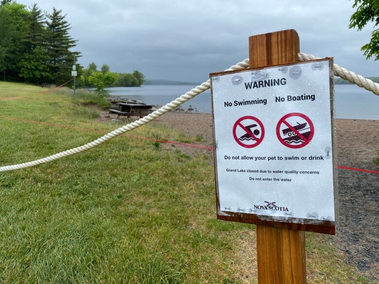 A sign at a beach warns against swimming and boating.