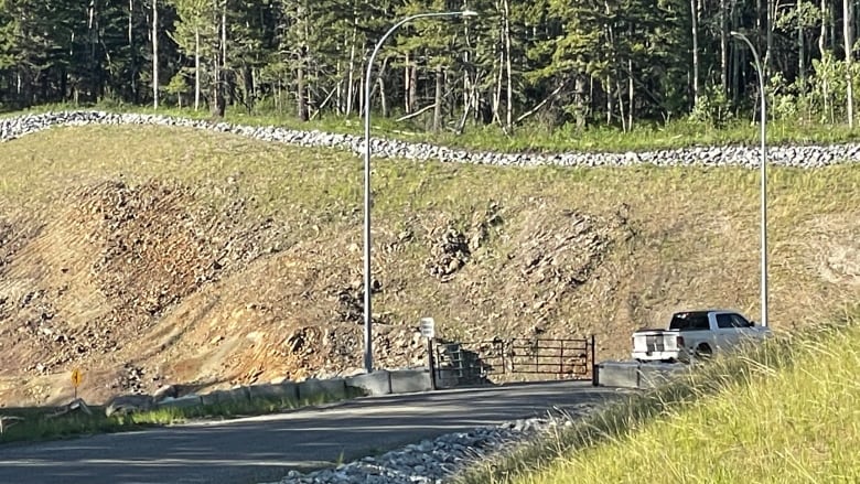 A white truck is parked at the end of a laneway before a forested area.