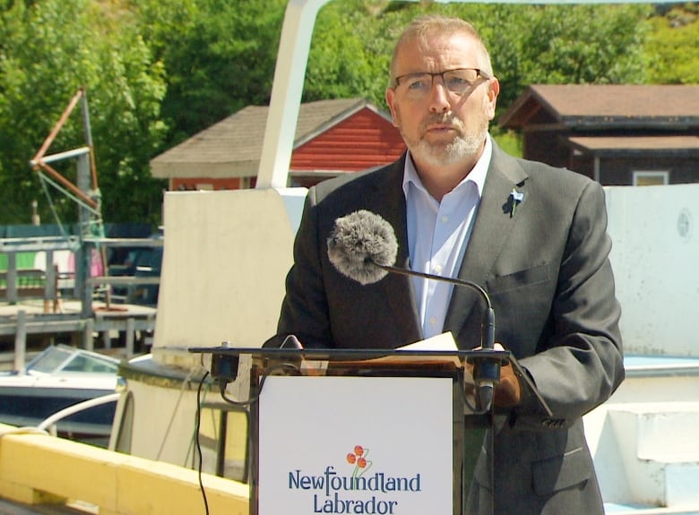 A bearded man with glasses is wearing a white dress shirt and blazer. he stands behind a podium.