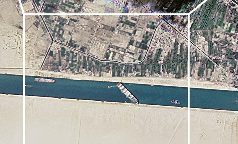 Satellite image of the Ever Given blocking the Suez Canal