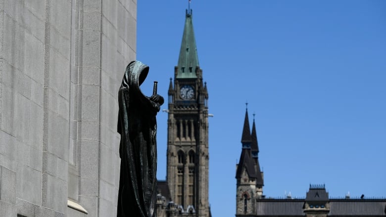 The sculpture of Ivstitia is visible on a cloudless day at the Supreme Court of Canada next to the Peace Tower.