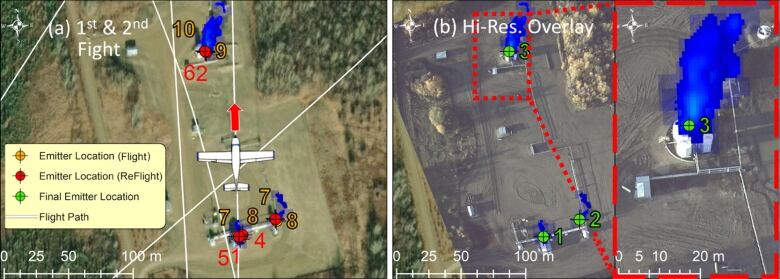 Two satellite images depicting methane plumes