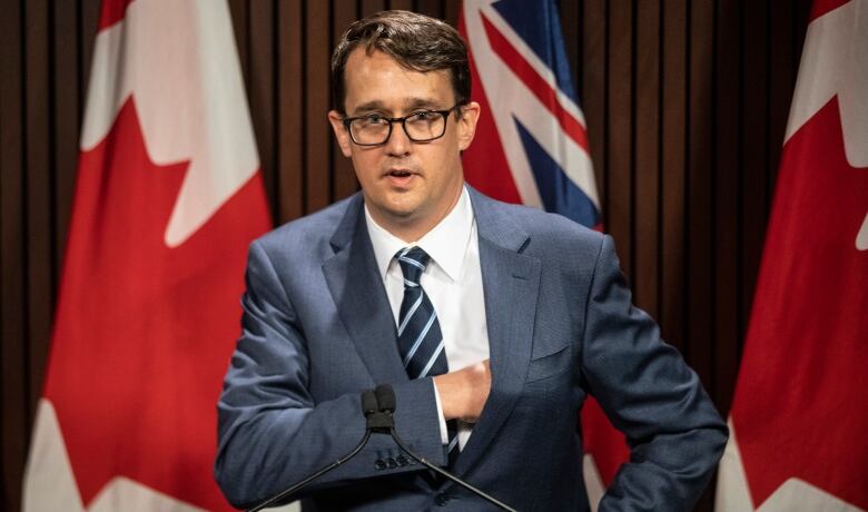 Labour Minister Monte McNaughton at a news conference.