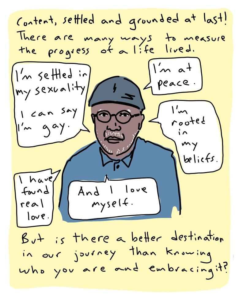 A graphic image of an older Black man wearing a cap and a blue shirt. The text reads 