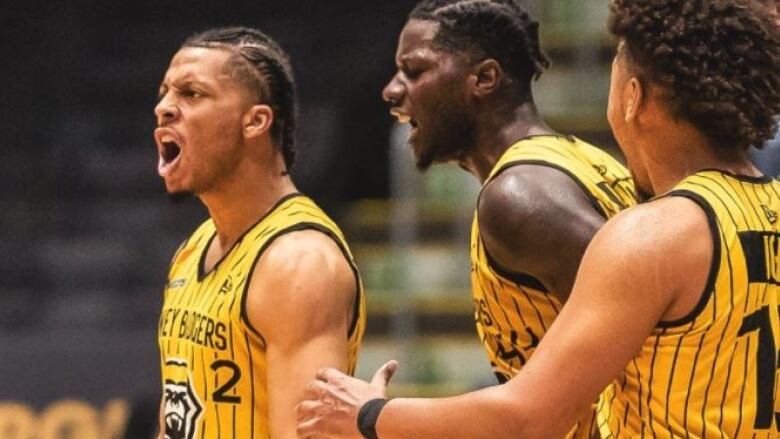 Three basketball players on a court wearing the yellow uniforms of the Hamilton Honey Badgers