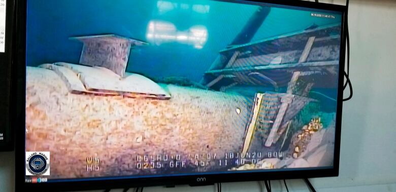 A video captured image of Enbridge's Line 5 from an underwater camera