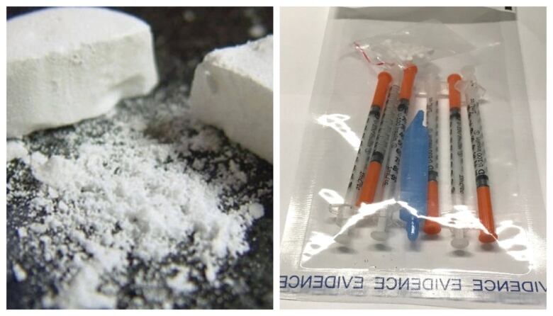 A fentanyl tablet is shown beside syringes in an evidence bag.