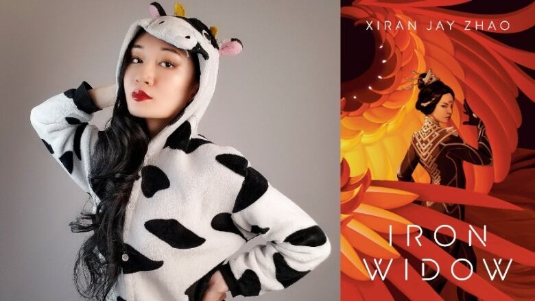 East Asian woman in cow onesie. Illustrated book cover of East Asian woman standing in front of red and orange feathers.