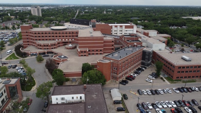 A drone shot of the Regina General Hospital giving a birds eye view of the red bricked building