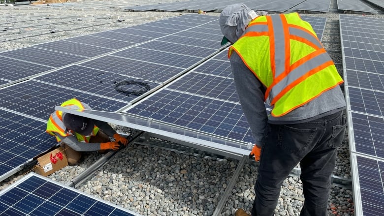 Workers install solar panels.