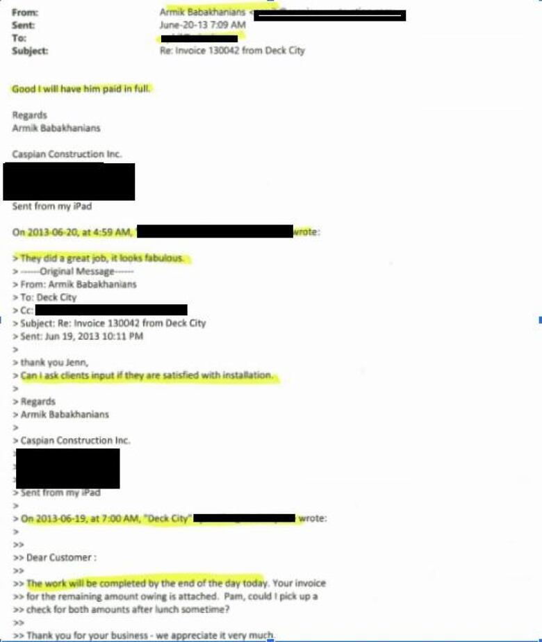 A photo shows an email, with some text highlighted in yellow and some blacked out.