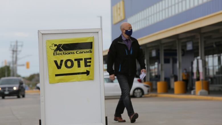 IKEA voting station in Winnipeg on Sept. 20, 2021. See Elections Canada sign and man wearing face mask in front of the store. 