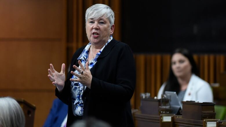 A woman with short grey hair rises in the House of Commons. 