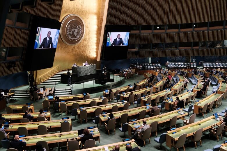 A man speaks to the UN General Assembly virtually.