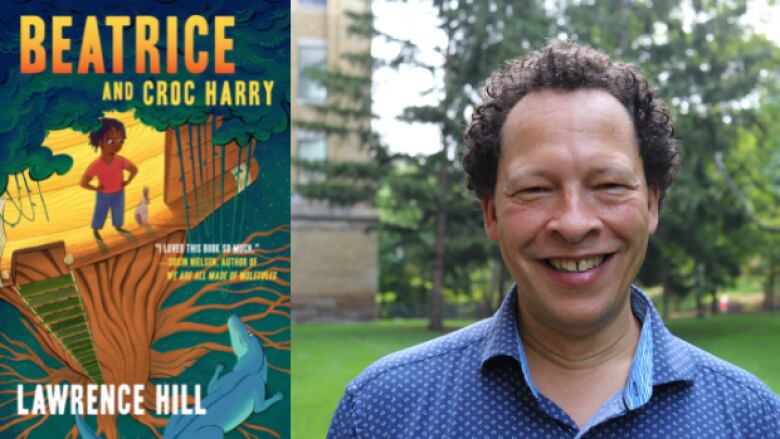 The book cover with a child in a treehouse looking down at an alligator and the author photo of a smiling Black man wearing a blue button up shirt