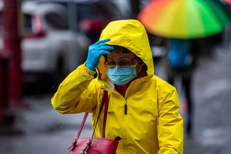 Woman in yellow rain coat shielding from rain